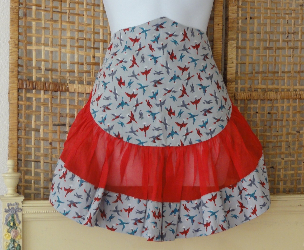 Vintage 60's Kitschy Hostess Apron-Unused- Red and Gray Birds Ducks