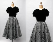vintage 1950s party dress. full skirt. silk velvet and moiré. medium