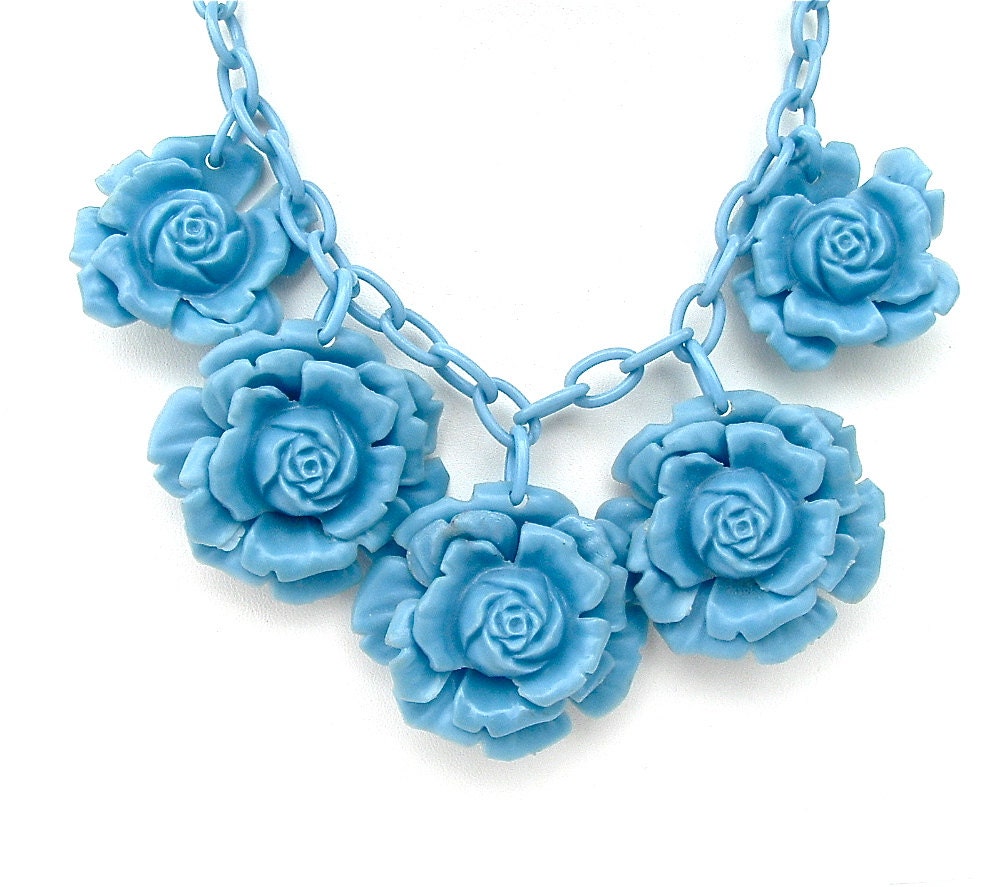 Vintage Celluloid Bib Statement Necklace 1940s Jewelry Sky Blue Flowers, Free Domestic Shipping