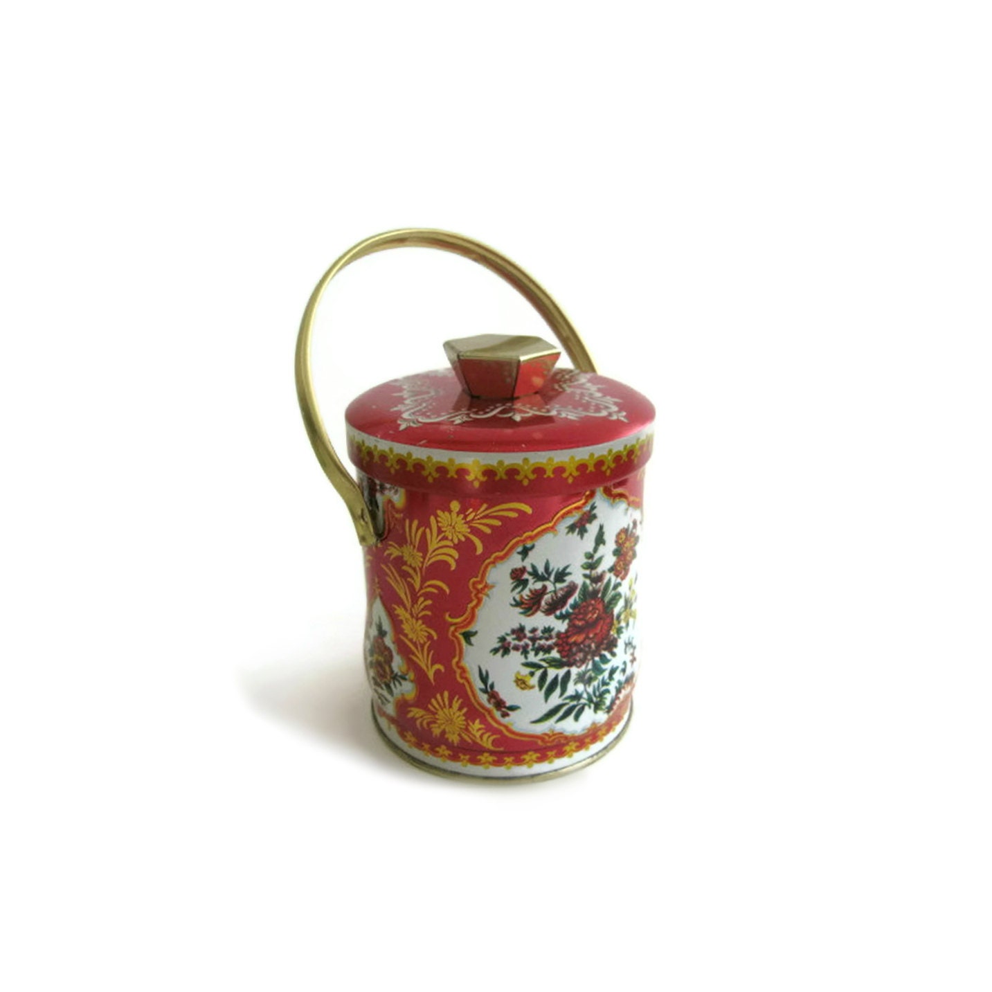 Floral Red Tin Container Bucket with lid and handle- Made in England