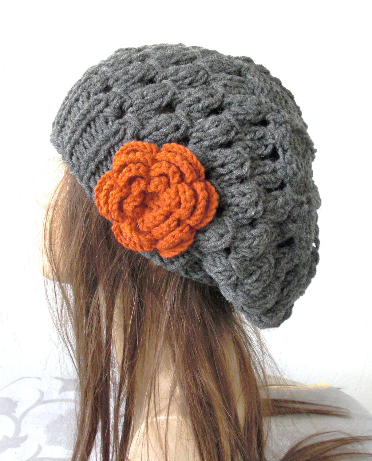 Hand Knit Womens  Hat   beret  Beanie in Charcoal Gray with  flower   Slouchy French   Beret Fall Autumn   Winter Accessories  Fashion