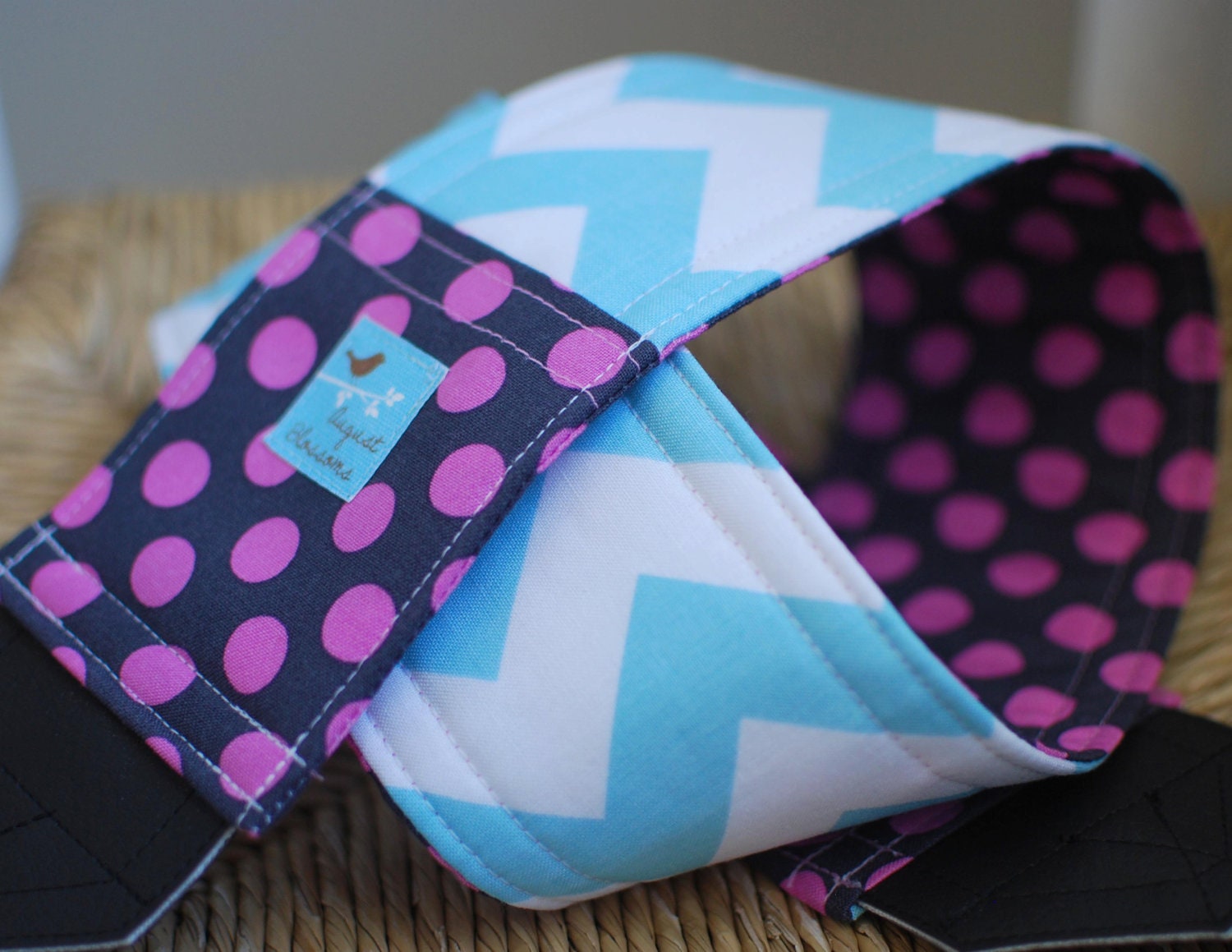 Camera Strap Aqua Chevron and Grape Dot, Reversible, Built in Lens Cap Pocket
