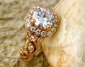 Made to Order Forever Brilliant Round Moissanite Leaf & Vine Engagement Ring in 14K Rose Gold Setting with Prongs and Diamonds Size 5