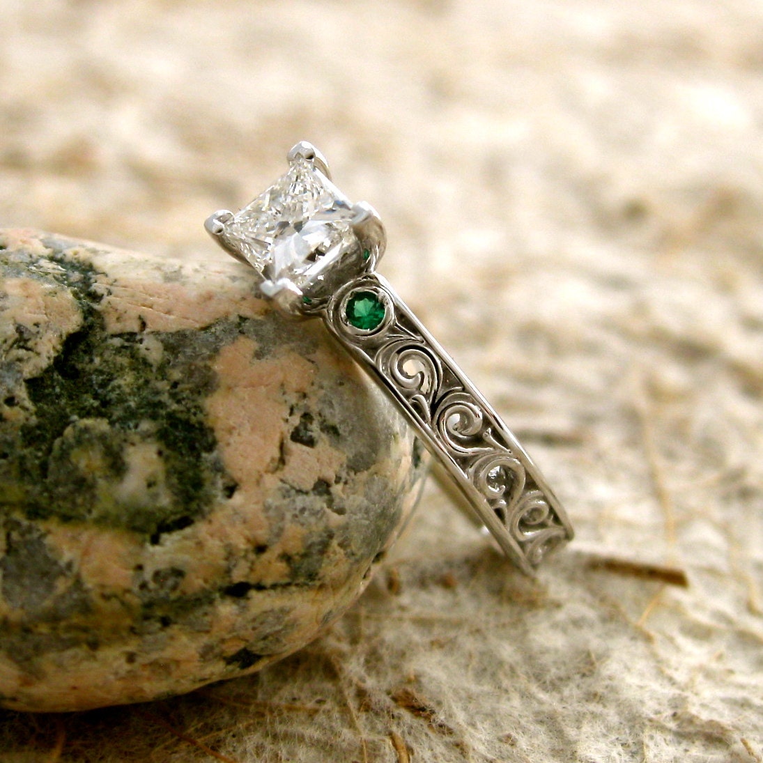 Custom Crafted Princess Cut Diamond Engagement Ring in 14K White Gold with Sage Emeralds & Scrolls Size 7.5/3mm