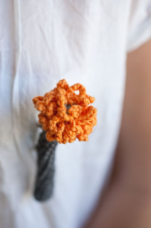 Crocheted Flower Brooch - Playful Jewelry from My Little Garden - Dark Grey Mint Orange Cotton and Wool. - OOAK
