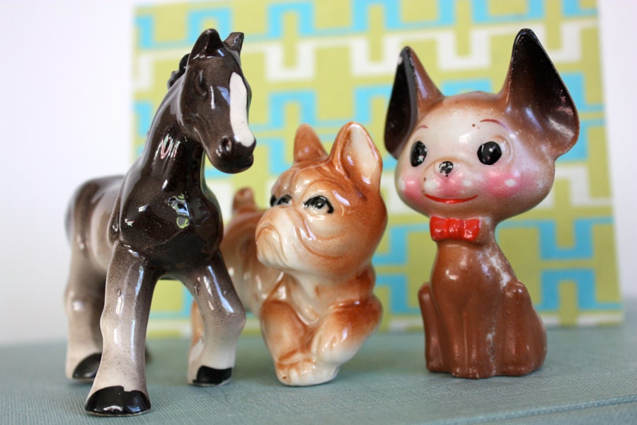 Horse . Bulldog . Chihuahua Figurine Trio . Sweet Instant Collection