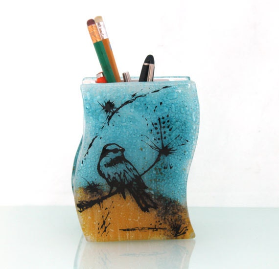 fused glass Desk Organizer, Pencil Brush Holder,  Makeup Brush Art Brush.