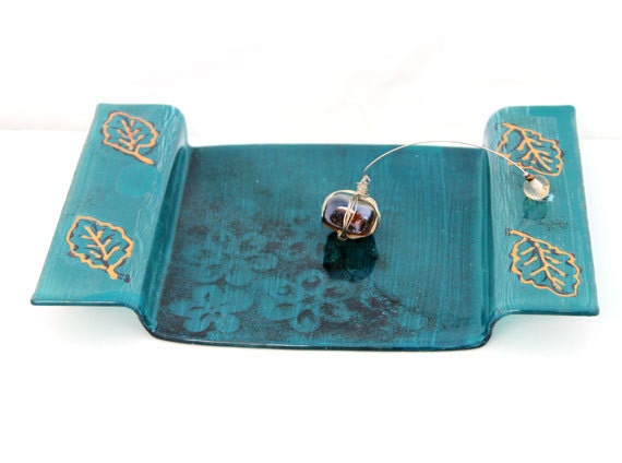 Fused Glass painted flat napkin holder, elegant Turquoise, decorated with bold orange Leaf and flowers .