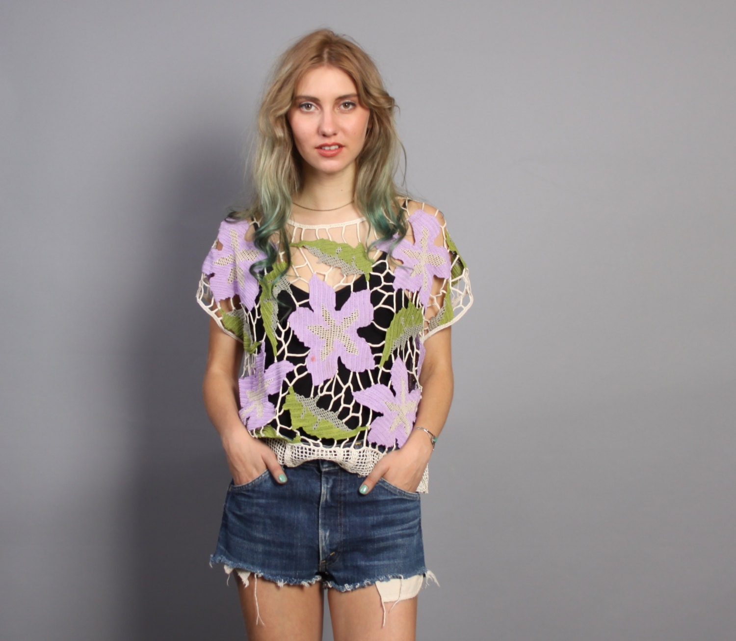 80s CROCHET Floral TOP / Fishnet Mesh Lavender & Ivory Lace Shirt