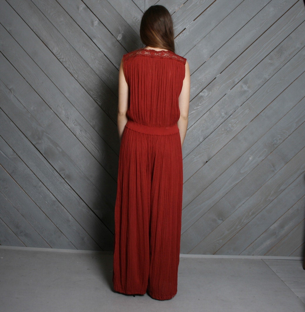 80s GAUZE JUMPSUIT / Burgundy Plunging Palazzo with Crochet Trim, osfm