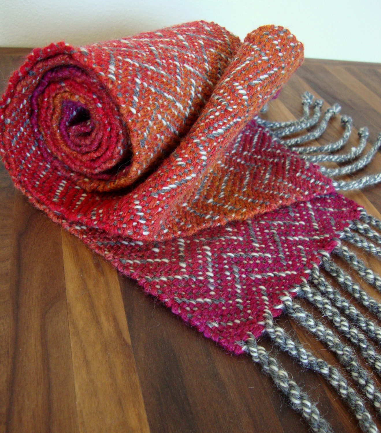 Handwoven Fuchsia, Red, and Orange Chevron Scarf