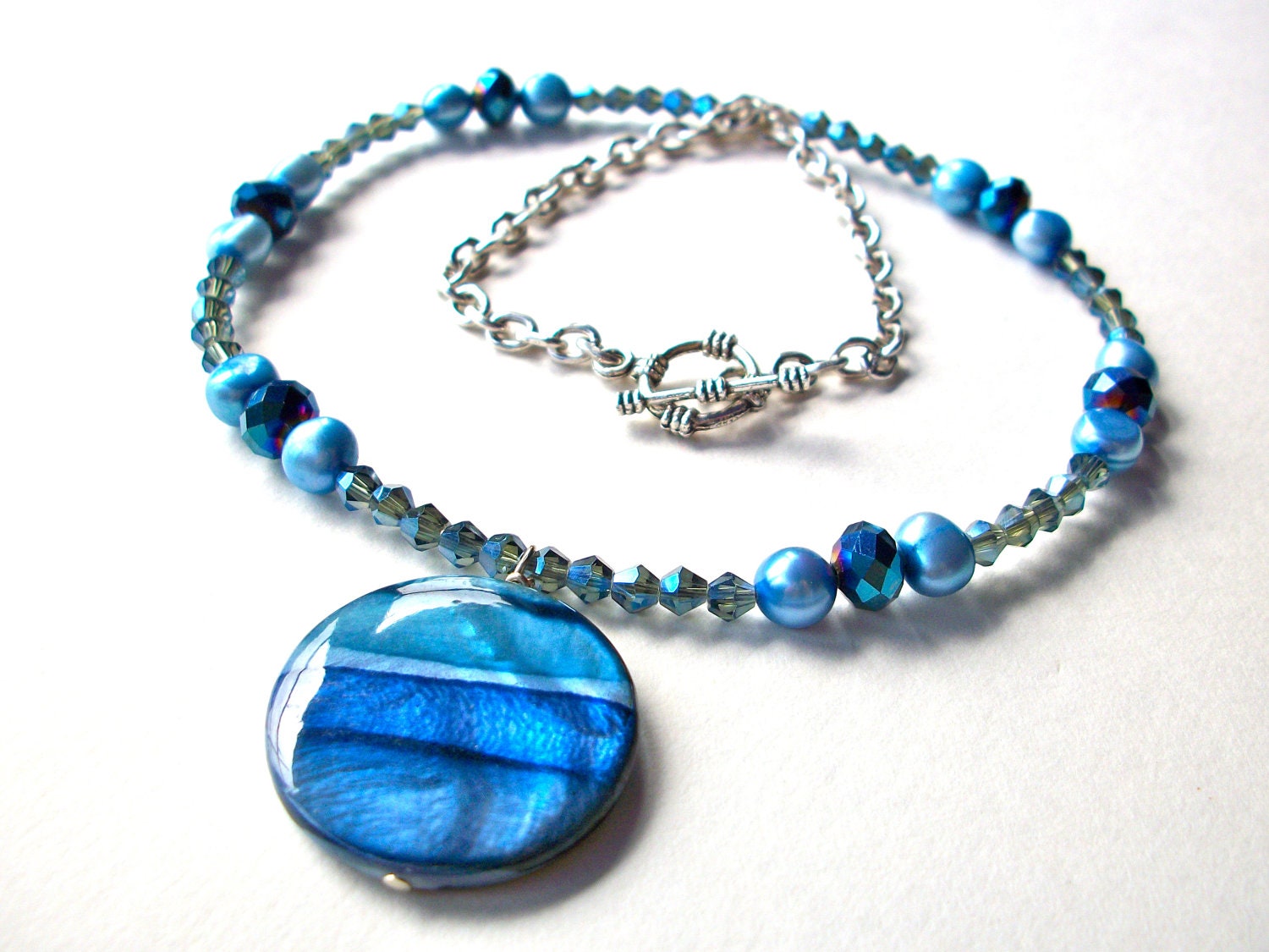 Blue Pearl necklace ombre blue round MOP shell pendant with blue freshwater pearls, AB crystals, beaded necklace silver chain jewelry