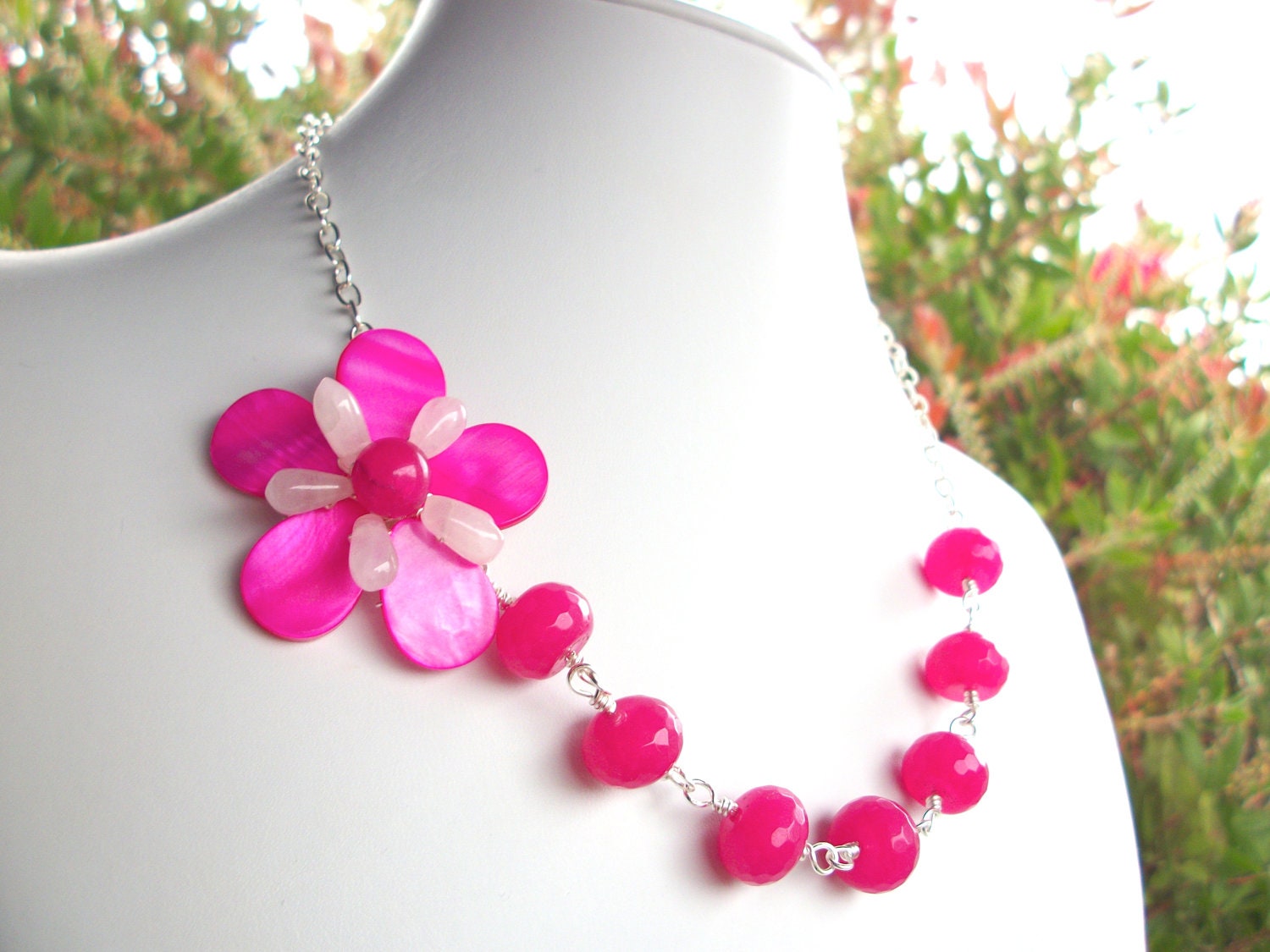 Beaded flower necklace, asymmetrical fuchsia gemstone bead wire wrapped flower jewelry with hot pink and rose quartz