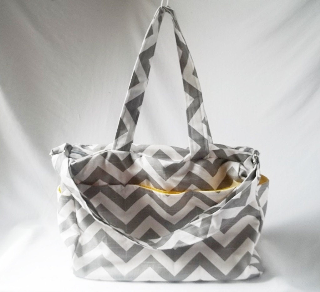 Monogrammed Chevron diaper bag with zippered closure - medium Grey Chevron baby bag - zig zag weekender - Made to Order