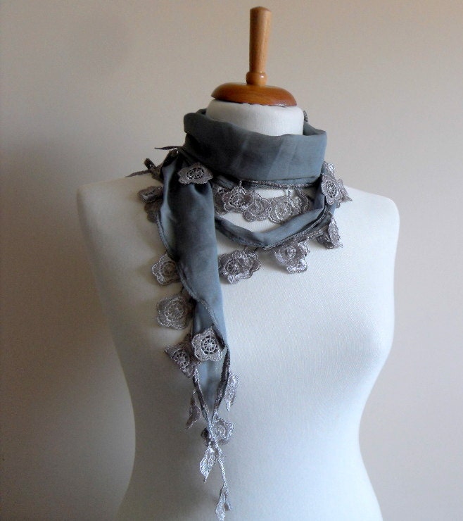 Grey Scarf - Cotton Scarf - Cowl with Lace Edge - Flower Scarf - Bridesmaid Gift-Foggy