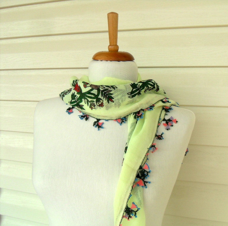 Neon Scarf, Needle Lacework Shawl, Turkish Anatolian Traditional Scarf, Turkish Scarf, Cotton Scarf,Tribal Ethnic