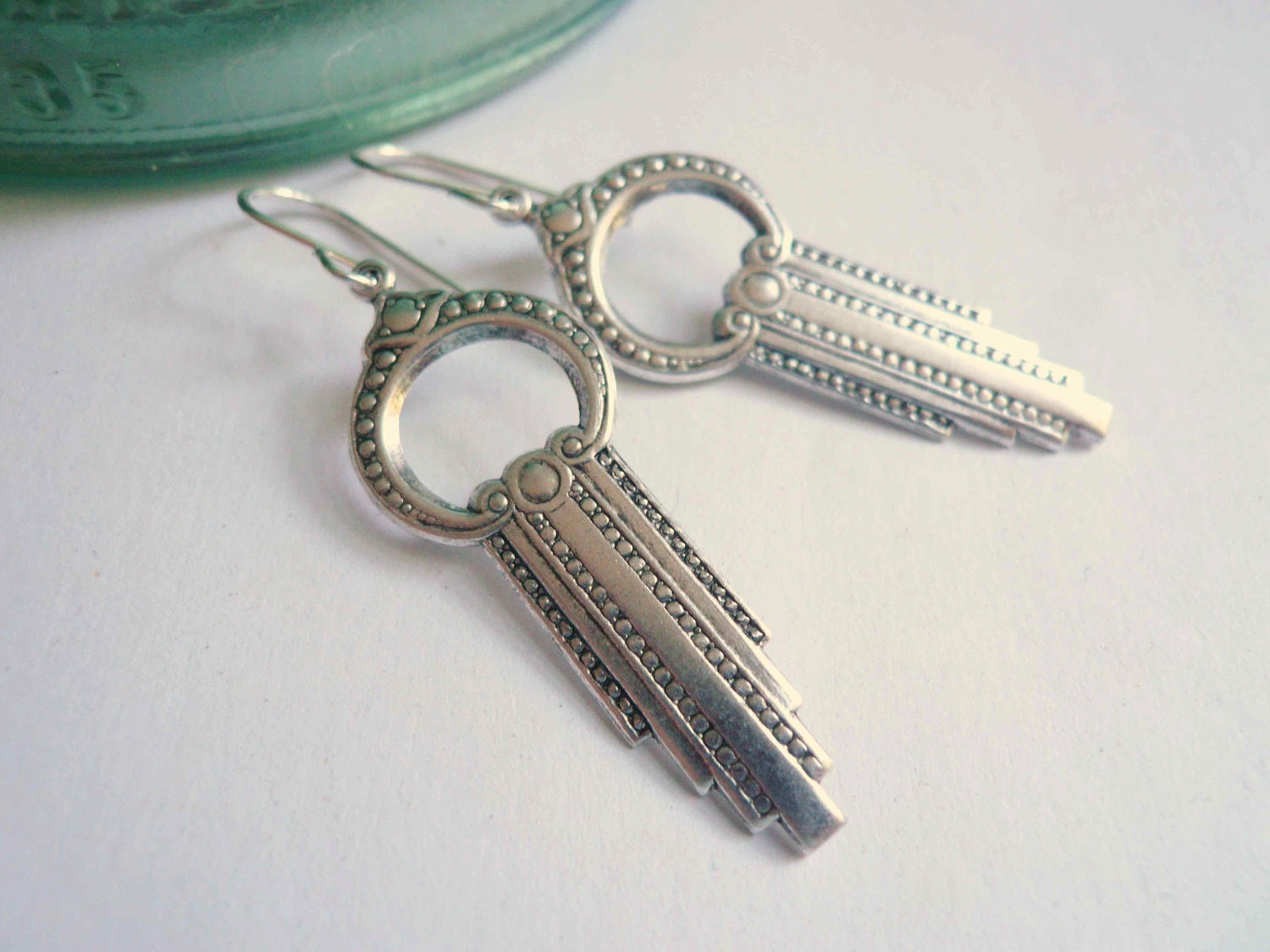 Silver art deco earrings. Brushed silver earrings on sterling silver ear wires.