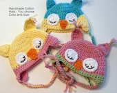 Sleepy Owl Baby Hat Handmade COTTON You choose color and size