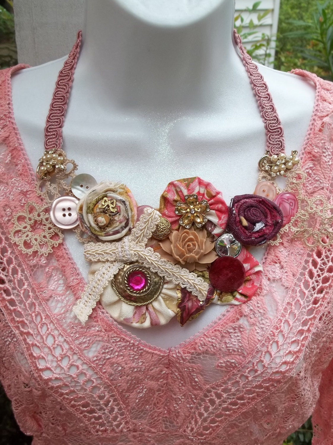Upcycled Necklace Fabric Fiber Vintage Elements Statement Bib Rosette Floral Pink Rose Burgandy Rhinestone Wedding Bridesmaid Free S&H