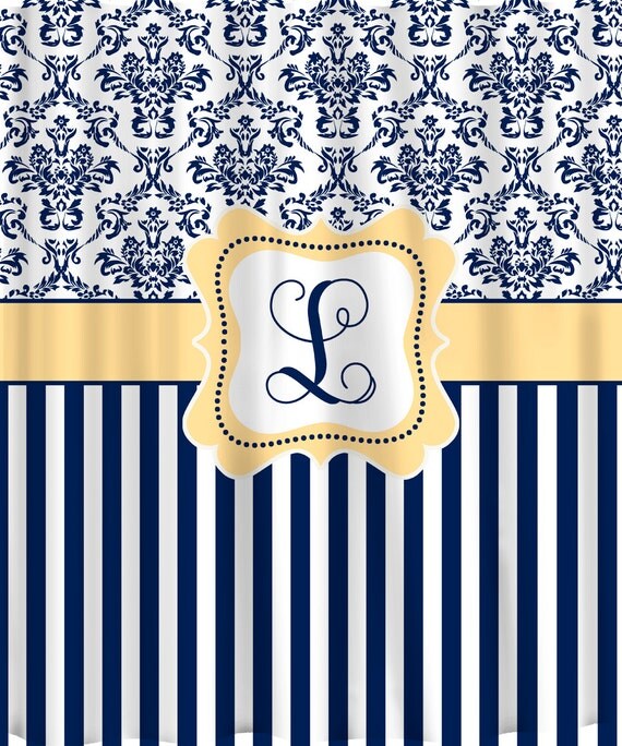 Personalized Shower Curtain - Custom with your Name or Initials - Damask & Stripe - Your Colors