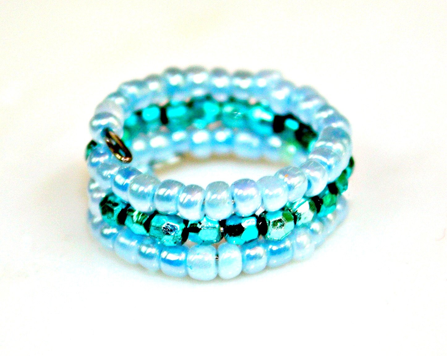 Aqua Blue Teal Ring - Ocean Breeze Beaded Wide Band Adjustable Ring size 6-7 by Mei Faith