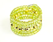 Gold Nugget and Green Ring - Kiwi Paradise Beaded Wide Wrap Band Adjustable size 6-7 by Mei Faith