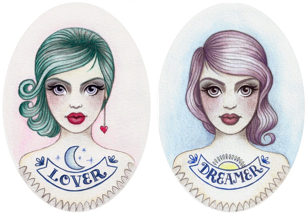 Lover & Dreamer - Pair of Framed Lady Head Illustrations