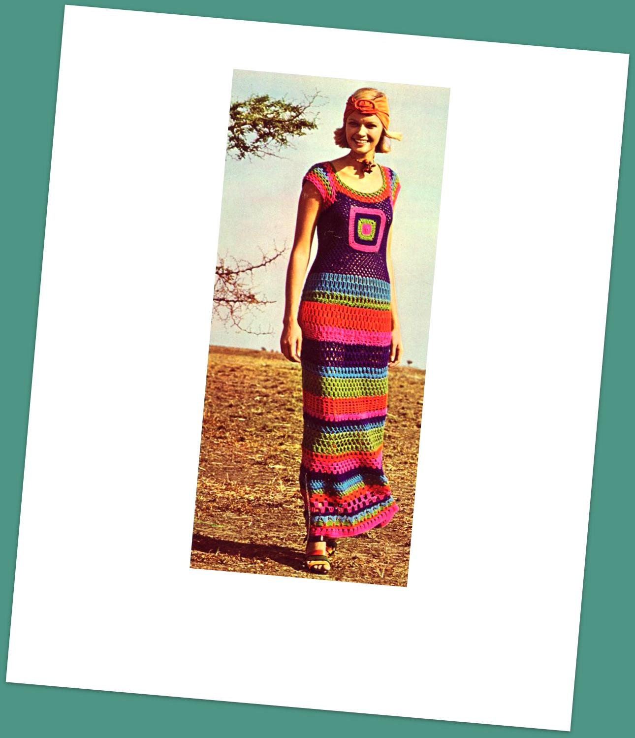 INSTANT DOWNLOAD PDF Vintage Crochet Pattern    1970s Granny Square Maxi Sun Evening Dress  Retro