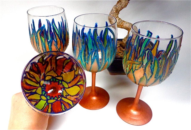 Mother's Day Discount 20 off- Hand Painted Wine Glasses Set of Four Floral Painting