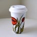 Ceramic Travel Mug Red Poppies Flowers Spring Orange Fall Botanicals Eco Friendly coffee cup green leaves