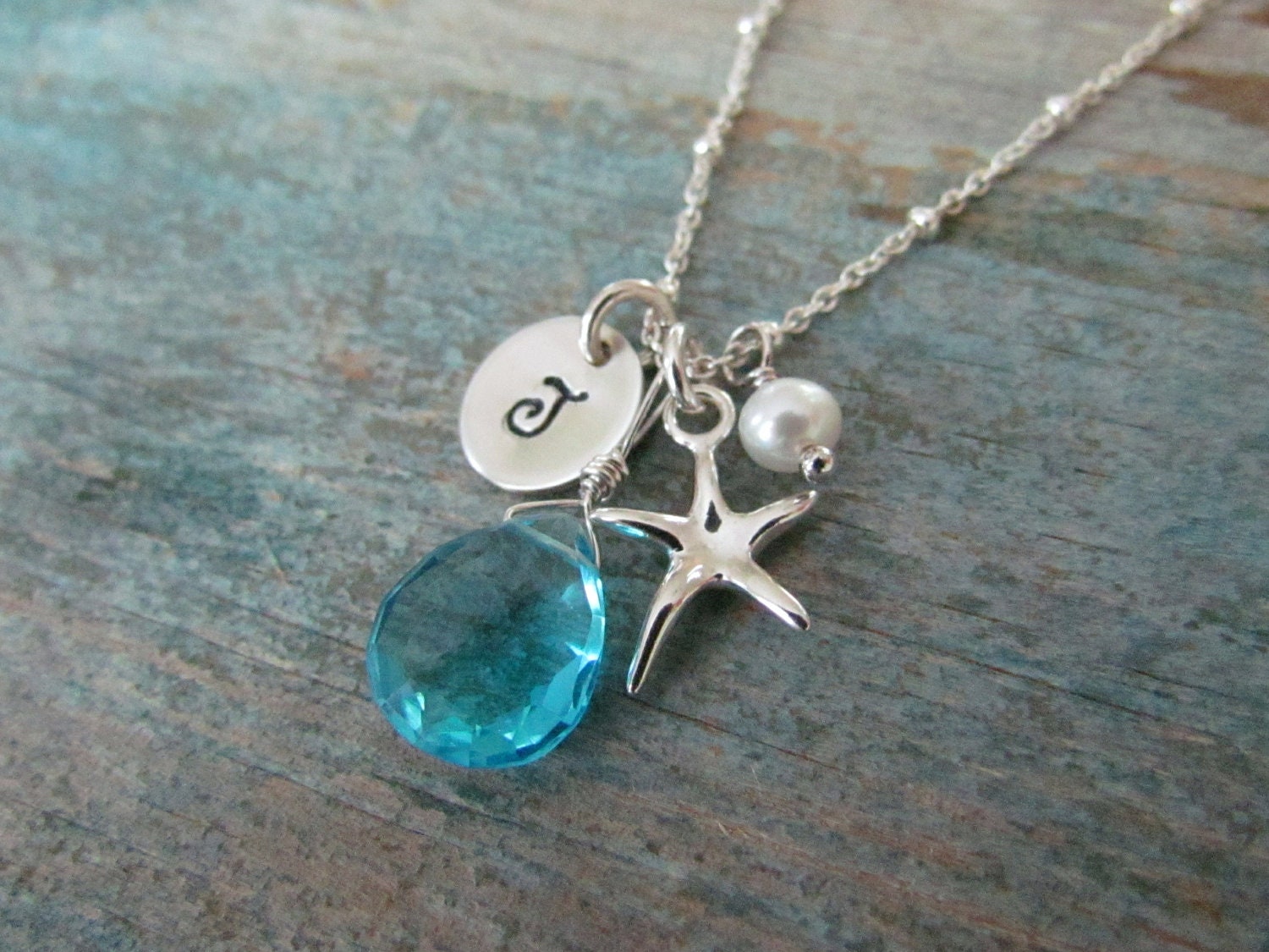 Personalized starfish necklace - custom handstamped initial, blue swiss quartz, pearl, sterling silver - bridesmaids beach wedding
