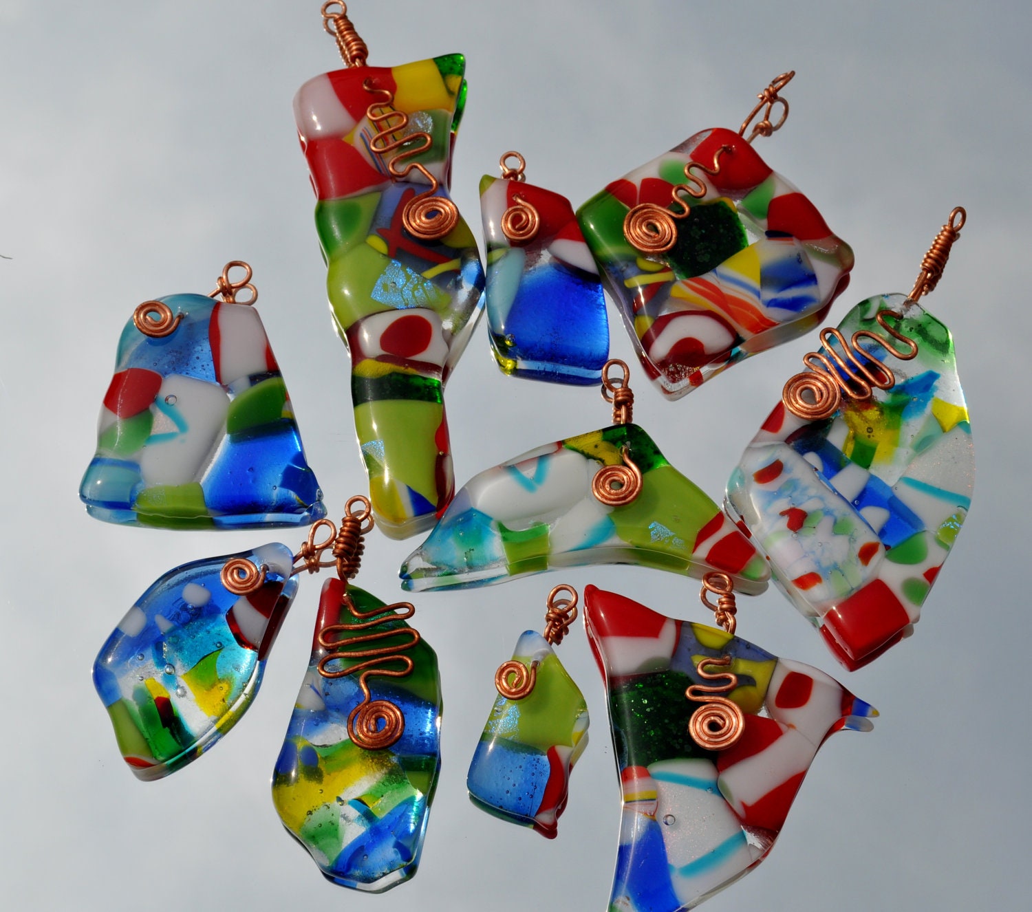Garden decorations ornaments fused glass abstract design. Set of ten