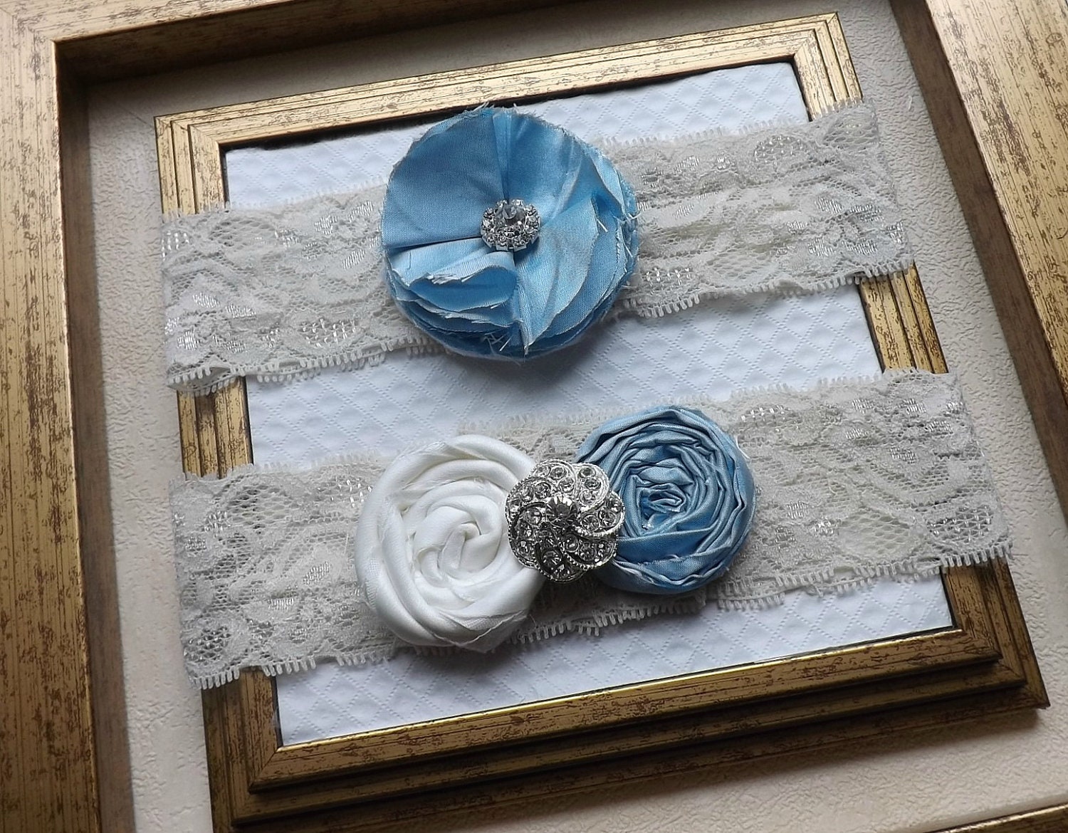 Wedding Garter - Tiffany Blue Bridal Garter - Vintage Cream Wedding Lace Garter - Something Blue Garter Set