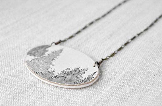 Canopy Necklace in Grey and Graphite - Hand Drawn Tree Pendant with Brass Chain