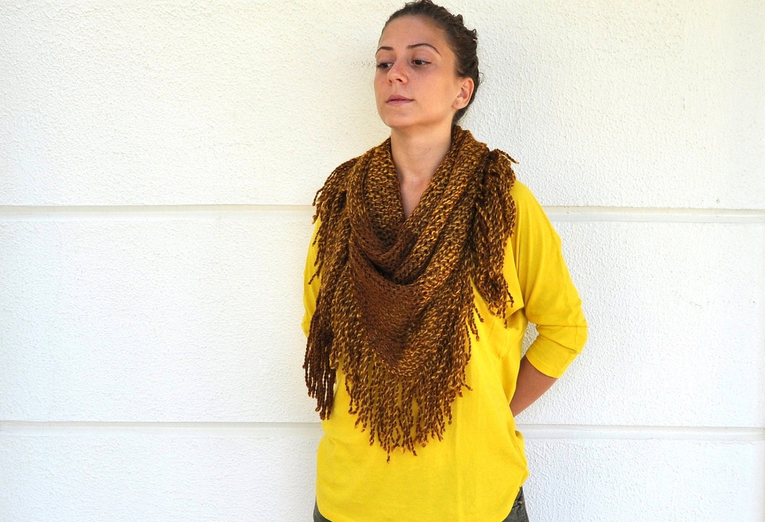 Women Scarf Fringe Shawl Scarf Cowl Neckwarmer Triangle Brown Mustard Soft Cozy Warm Winter Fashion Women Accessories