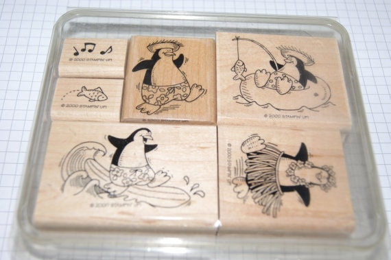 Retired Stampin Up Penguin Paradise Stamp Set - 6 Stamps With Container