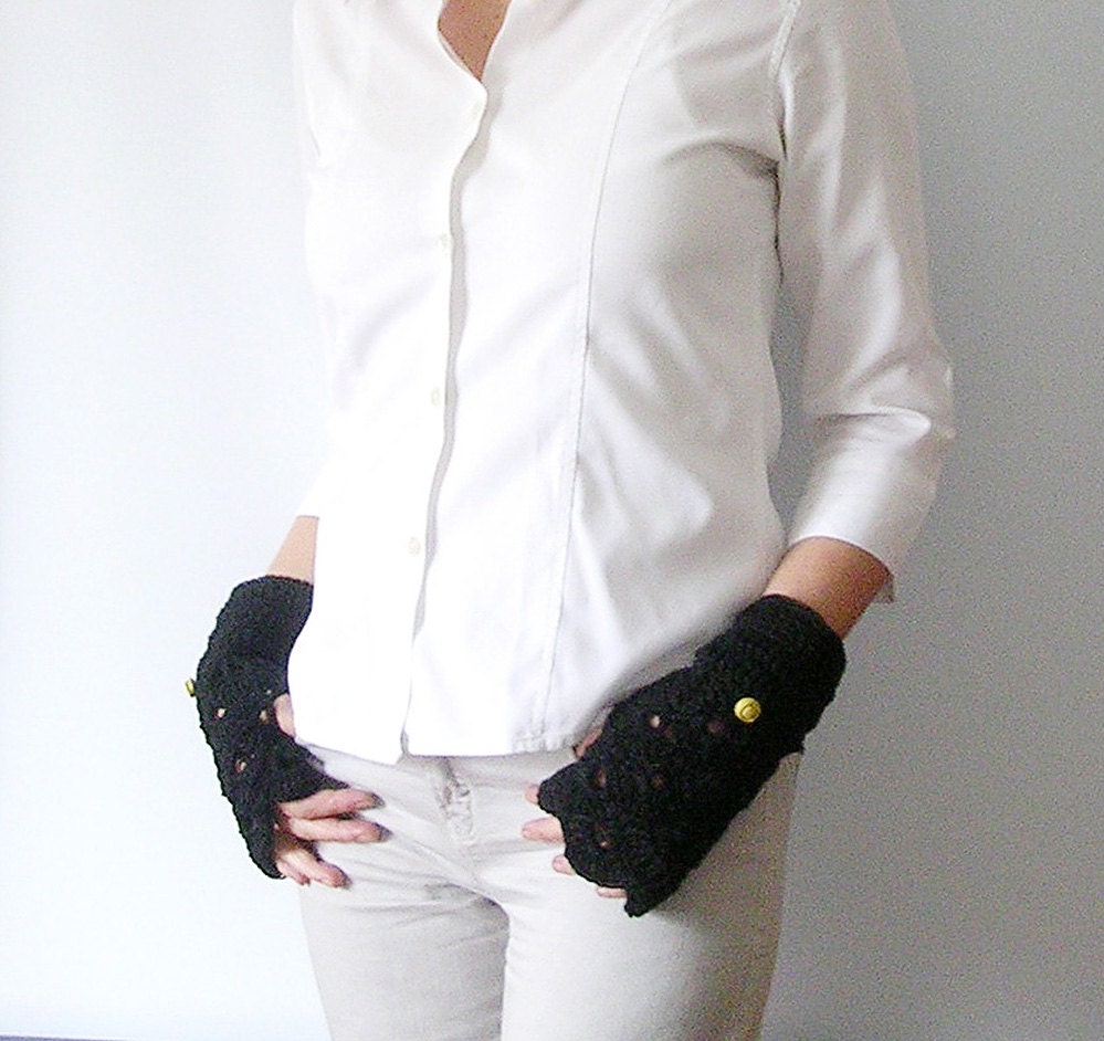 Black and Yellow Arm Warmers Fingerless Gloves Mittens