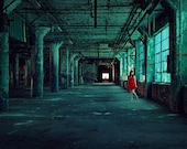 The Green Hallway - 8x12 Fine Art Photography Print - abandoned urban decay factory portrait red dress teal blue home decor photograph - riotjane