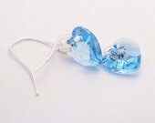 Swarovski crystal heart aqua blue earrings on silver plated surgical steel earwires for sensitive ears