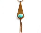 Turquoise and brass triangle pendant with fringe
