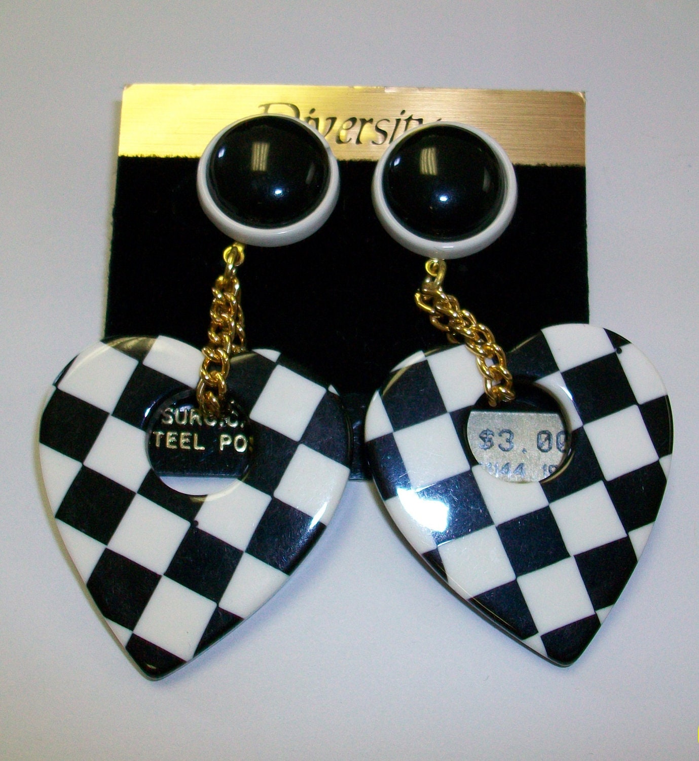 Vintage Checkered Black and White Nautical Heart Earrings DEADSTOCK