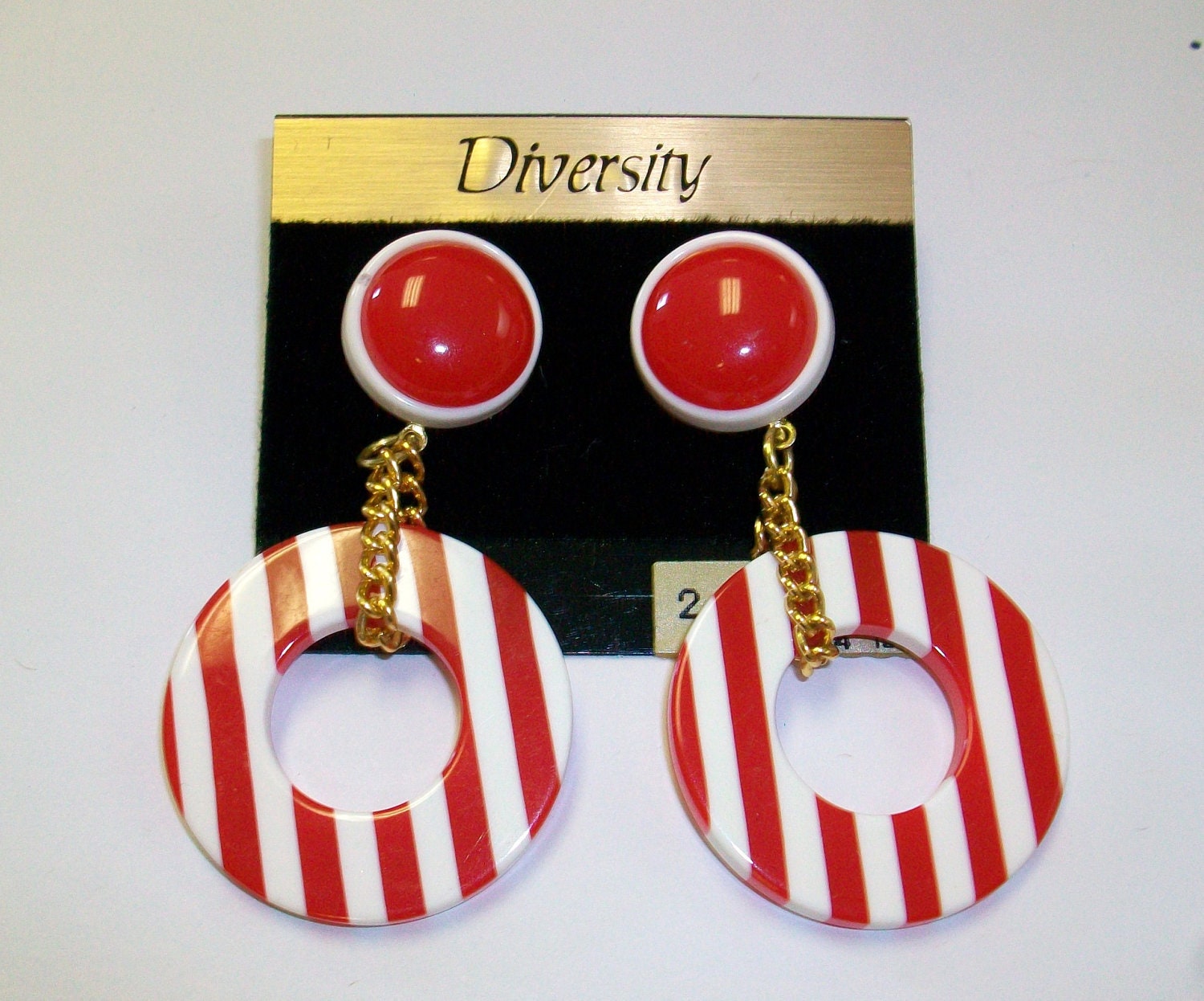 Vintage Red and White Plastic Mod Nautical Hoop Earrings DEADSTOCK