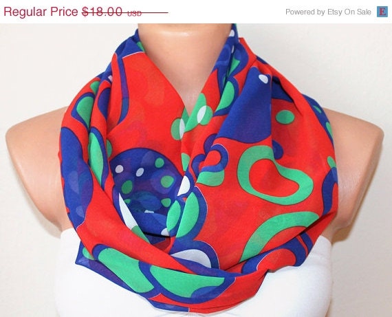 BIG SALE Infinity Scarf Loop Scarf Circle Scarf Cowl Scarf Red Royal Blue Green Circles Chiffon Soft and Lightweight