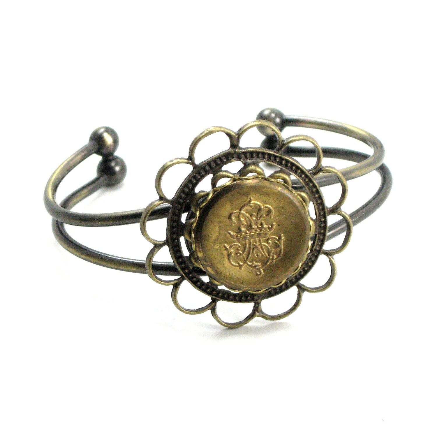 Steampunk Gothic Lolita Bracelet - Royal Seal Wrist Cuff - with Vintage Neo Victorian Coat Button in Brass by Ghostlove