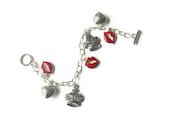 SALE 30% Off Crowns Kisses Charm Bracelet - Valentine Day Gift - Great Britian Rock & Roll - Kisses Red Lips Silver Crowns -  Antique Silver