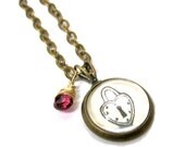 Heart Lock Padlock Keyhole Illustration Dark Pink Tourmaline Gem Vintage Book Mini Necklace Brass Pendant