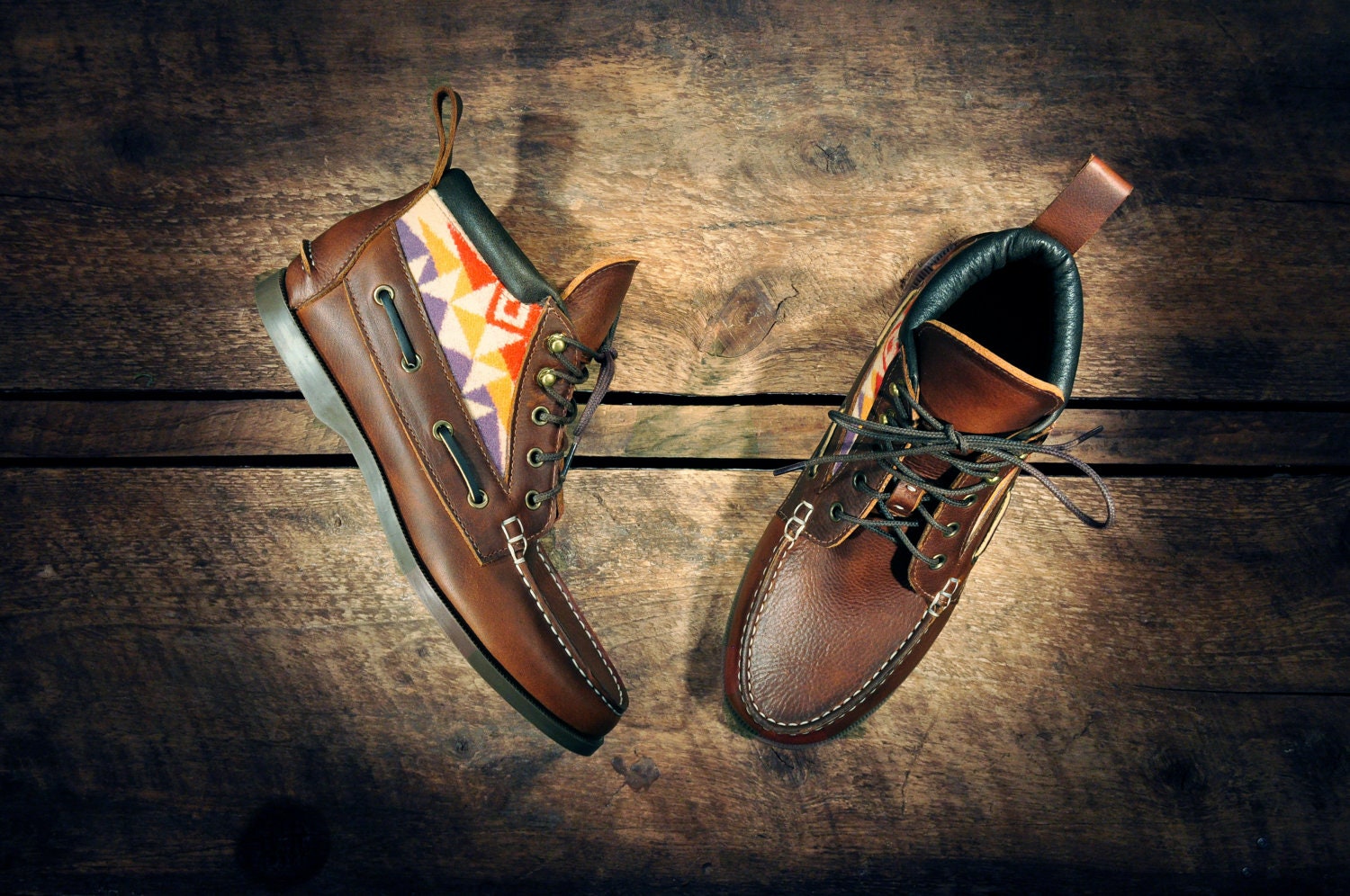 Handcrafted HIGHTOP Leather Boat Shoes - Oiled Tan Cowhide with Tan Southwest Inspired Patterned Wool Details - Brown Cuff - MADE to ORDER