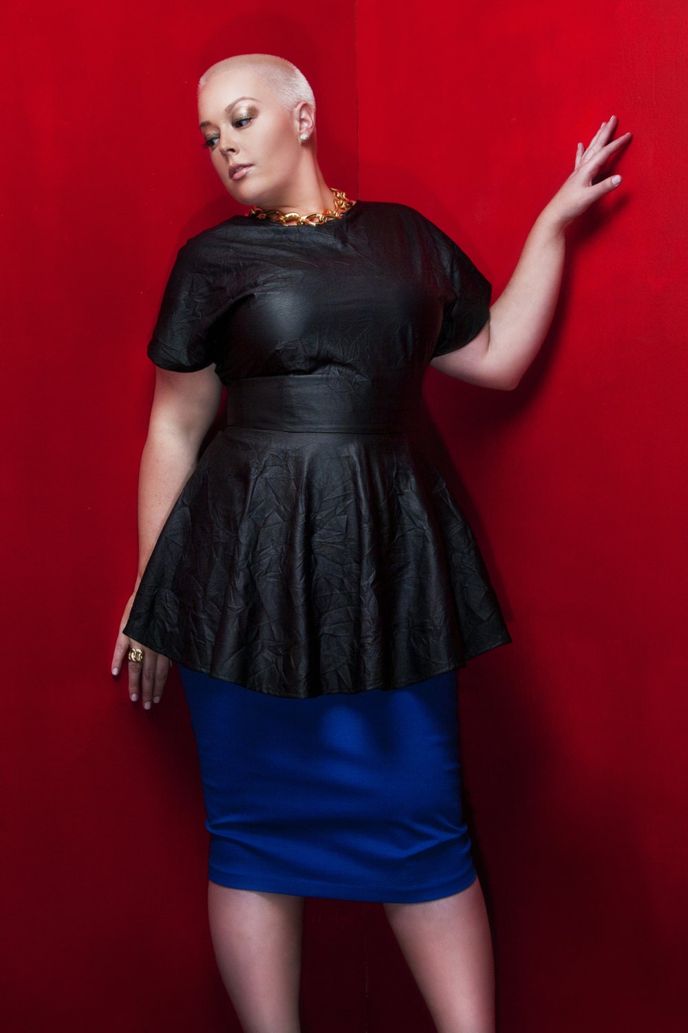 JIBRI Plus Size Crinkled Faux Leather Peplum Top