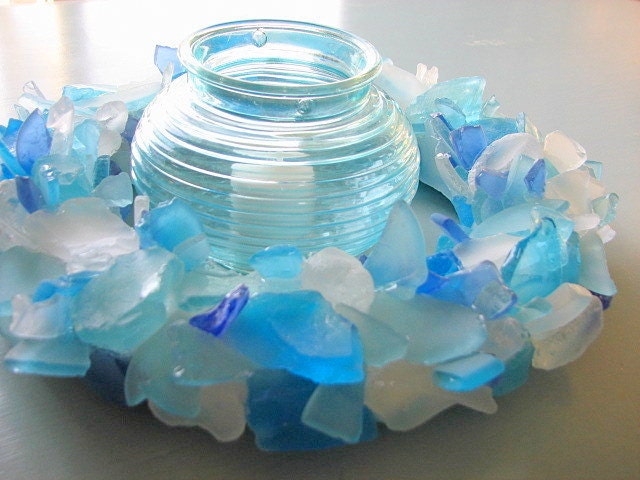 Beach Decor Sea Glass Wreath - Nautical Beach Glass Wreath in Aqua Mix or Any Color