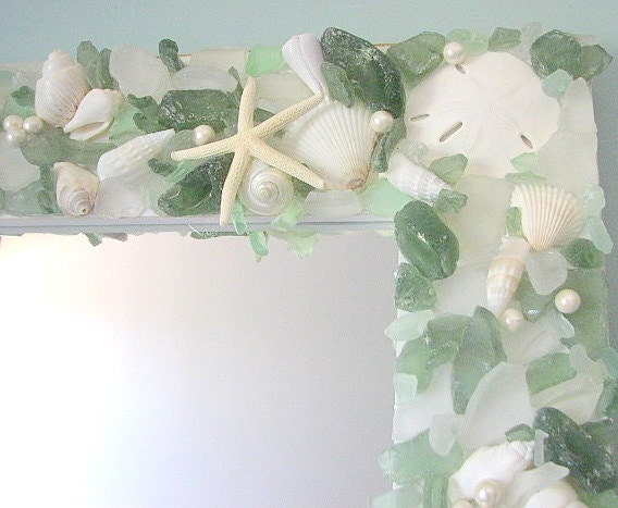 Beach Decor Seashell Mirror - Nautical Sea Glass Shell Mirror w White Starfish & Pearls - Green